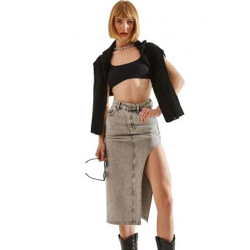 Fusta midi - HiCCUP - denim - gri - talie inalta - slit