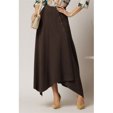 Fusta midi maro din tricot cu nasturi decorativi si amestec de viscoza
