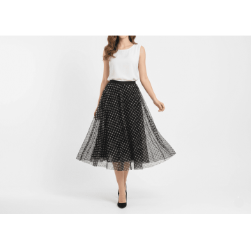 Fusta Midi Negru din Tul cu imprimeu buline mici