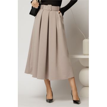 Fusta midi office din jerse bej cu pliuri si curea in talie