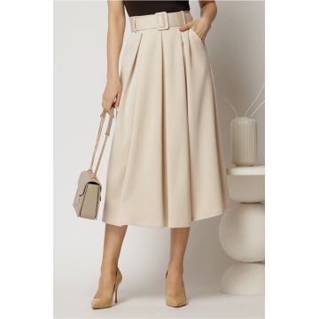 Fusta midi office din jerse ivoar cu pliuri si curea in talie