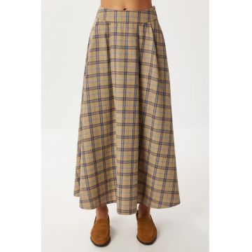 Fusta Midi Plisata cu Talie Inalta - Happiness Istanbul - Maro - Textil