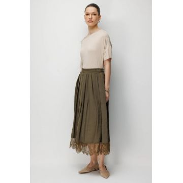 Fusta midi -  talie inalta - broderie - kaki - poliester