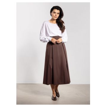 Fusta midi  talie inalta - cordon - evazata - ciocolatiu - nylon