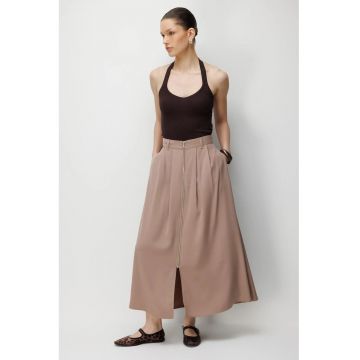 Fusta midi -  talie inalta - croiala in A - maro camel - poliester