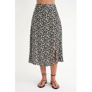 Fusta midi -  talie inalta - imprimeu floral - negru -