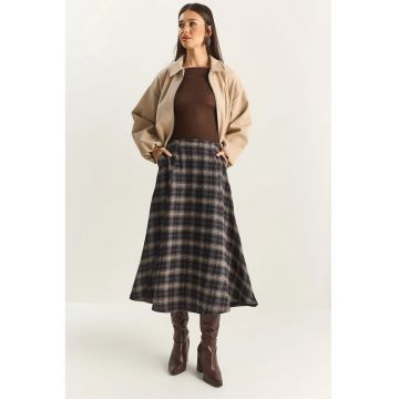 Fusta midi -  talie inalta - textil - bej/negru