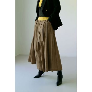 Fusta pantalon midi ampla cu talie inalta si cordon, caramel