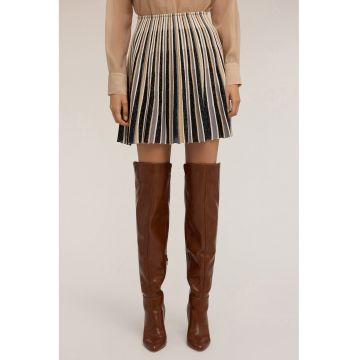 Fusta plisata evazata cu detalii din lurex - Negru/Bej/Maro camel