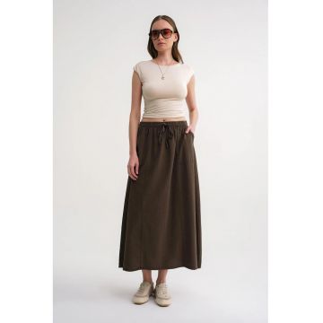 Fusta -  Poplin cu talie inalta - detaliu cu snur - verde kaki