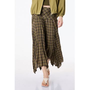 Fusta asimetrica cu model in carouri - Verde masliniu