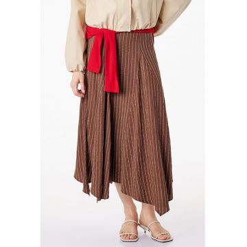 Fusta asimetrica midi cu dungi - Gri deschis/Maro pamantiu