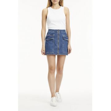 Fusta de denim cu talie inalta si buzunare cu clapa - Albastru