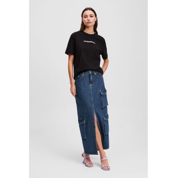 Fusta din denim cu buzunare laterale - Albastru petrol