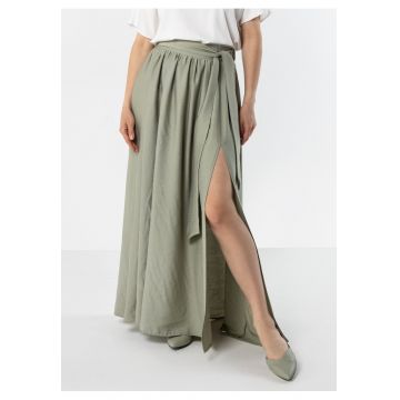Fusta maxi  talie inalta - snur - slit - nylon - verde