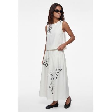 Fusta midi din amestec de in cu croiala evazata si broderie florala - Alb murdar