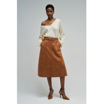 Fusta midi din piele intoarsa sintetica - Maro scortisoara