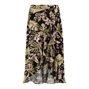 Fusta petrecuta cu model tropical - Negru/Roz zmeuriu/Verde sparanghel