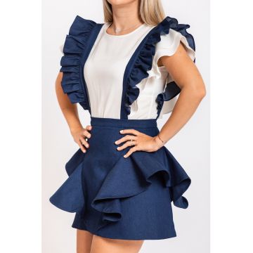 Fusta de denim cu bretele cu volane
