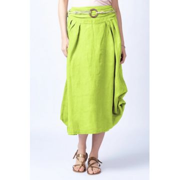 Fusta lunga verde lime cu poale prinse, din in, cu o curea fancy