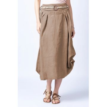 Fusta lunga camel cu poale prinse, din in, cu o curea fancy