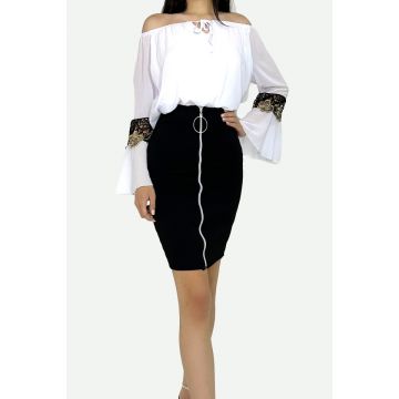 Fusta midi Jolie, elastica, cu talie inalta si fermoar oversize, Negru