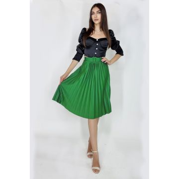 Fusta plisata eleganta Carmen, curea de aceeasi culoare inclusa, Verde deschis, Marime universala S/M