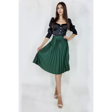 Fusta plisata eleganta Carmen, curea de aceeasi culoare inclusa, Verde, Marime universala S/M