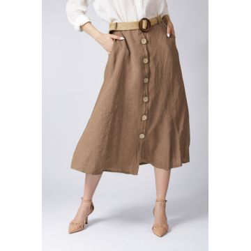 Fusta A-line din in, cu nasturi si o curea fancy, camel