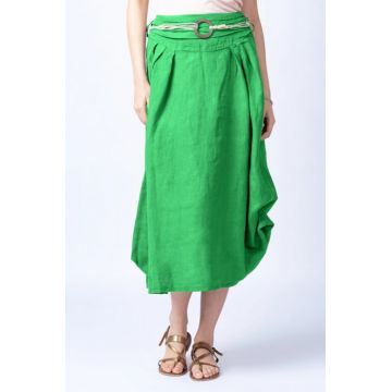 Fusta lunga verde crud cu poale prinse, din in, cu o curea fancy