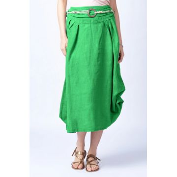 Fusta lunga verde crud cu poale prinse, din in, cu o curea fancy