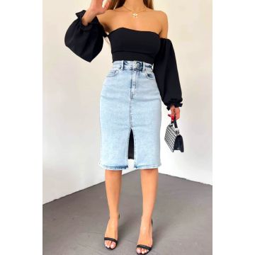 Fusta midi din denim, Tamera, cu buzunare fata/spate si crapatura frontala, Albastru deschis