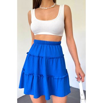 Fusta pantaloni din viscoza Anika, cu volane si elastic in talie, Albastru