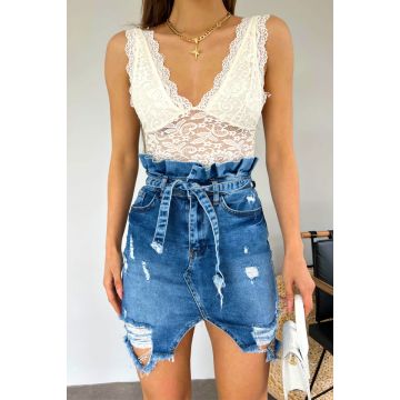 Fusta denim Cute Touch, cu perforatii accentuate si croi paper bag, Albastru