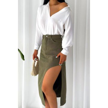 Fusta denim, Kasy, cu buzunare fata/spate si crapatura laterala, Kaki
