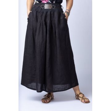 Fusta lunga casual, neagra, din in, cu o curea fancy