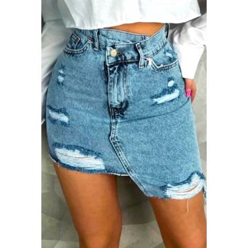 Fusta scurta denim Pathos, cu perforatii accentuate si croi asimetric, Albastru denim