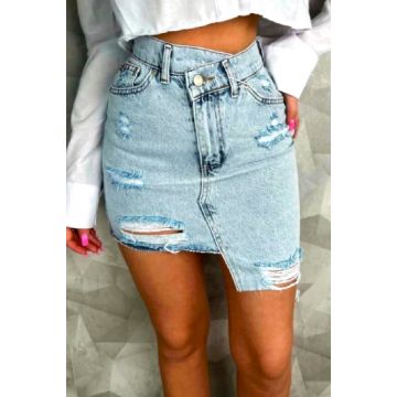 Fusta scurta denim Pathos, cu perforatii accentuate si croi asimetric, Albastru zapada